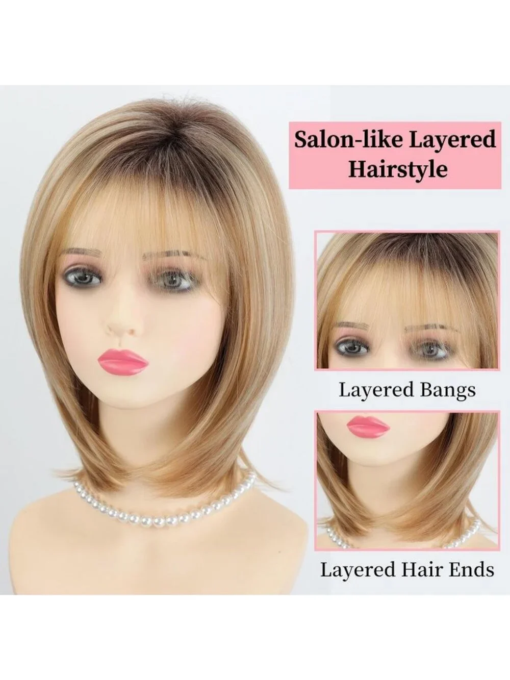 Women's Blonde Highlight 12 Inch Mid Length  Synthetic Straight Layered Bob Wigs